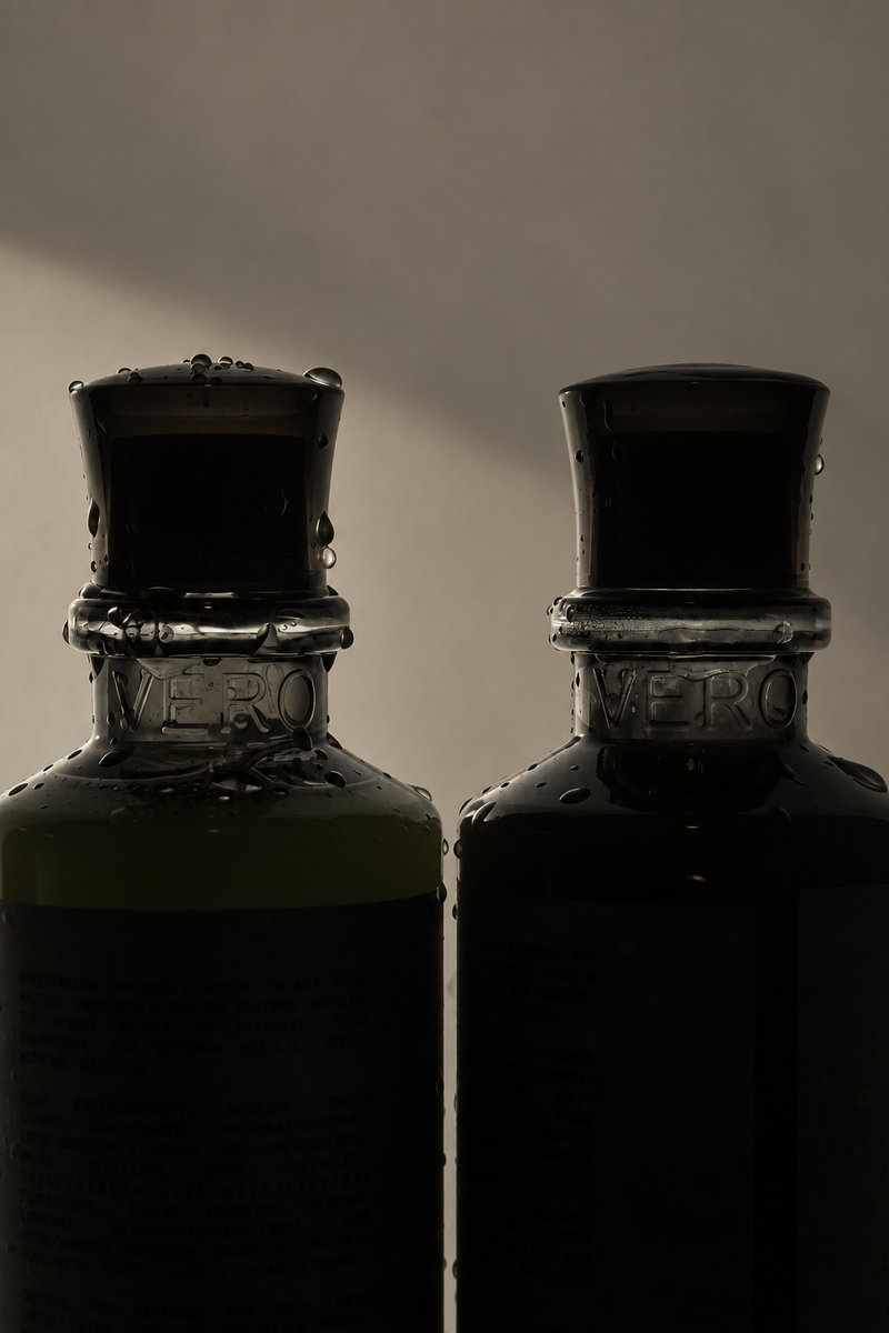 Two VERO bottles with water droplets in soft, low light